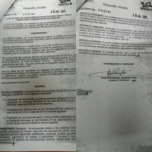 Alcaldía de Valledupar prohíbe circulación de motocicletas por encuentro futbolístico Colombia-Ecuador